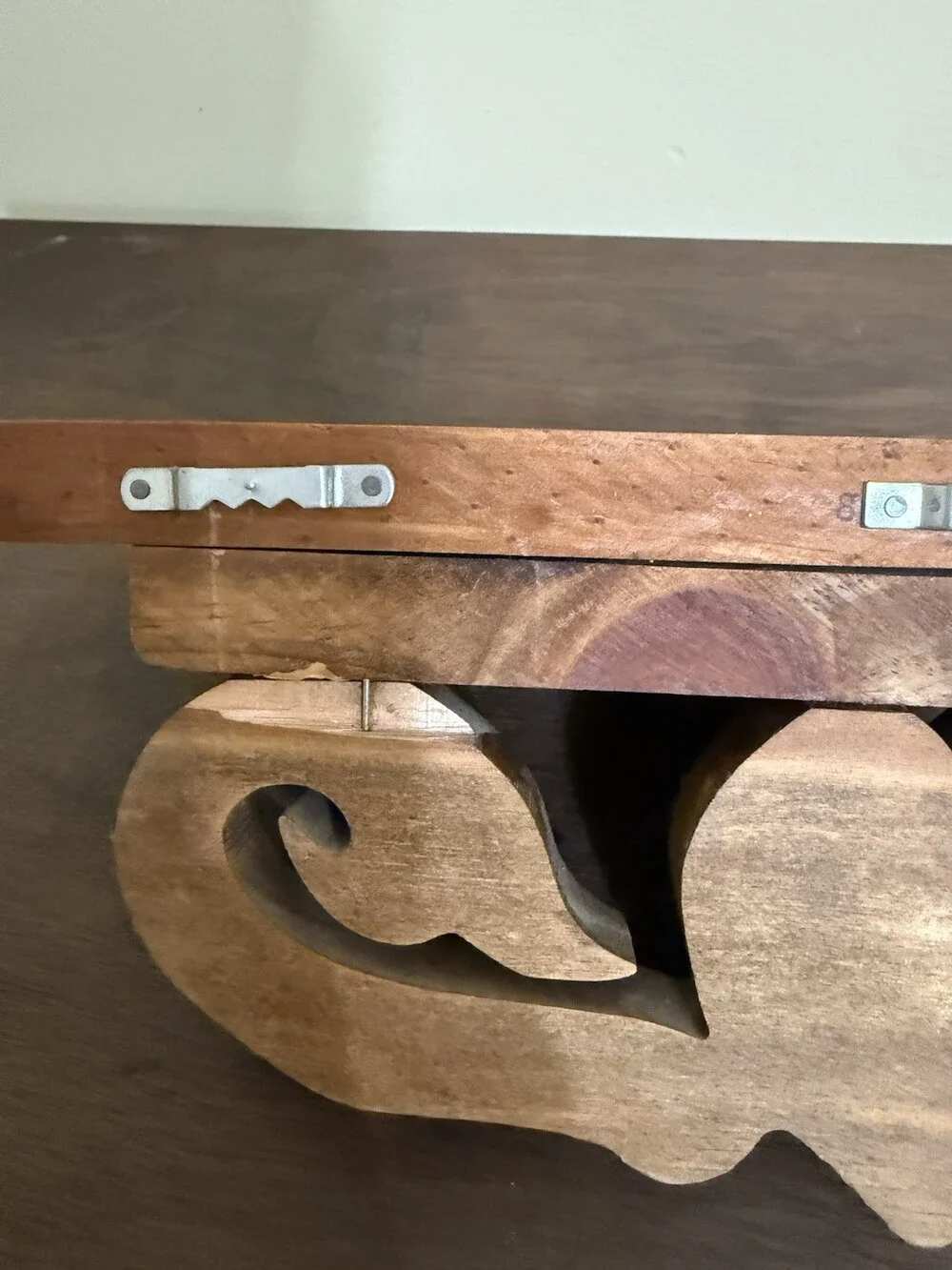 Vintage Handcrafted Wooden Wall Shelf with Heart and Scroll Carved Bracket
